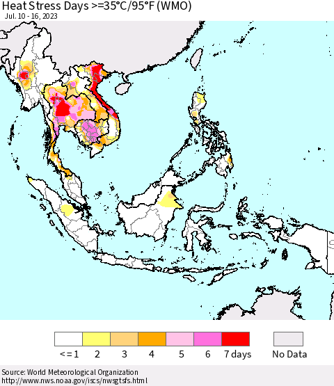 South East Asia Heat Stress Days >=35°C/95°F (WMO) Thematic Map For 7/10/2023 - 7/16/2023