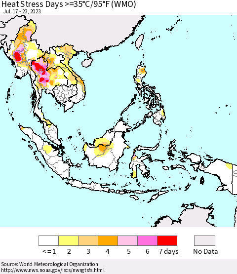 South East Asia Heat Stress Days >=35°C/95°F (WMO) Thematic Map For 7/17/2023 - 7/23/2023