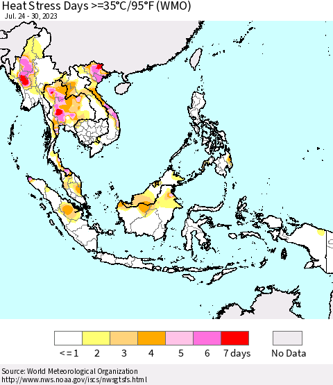 South East Asia Heat Stress Days >=35°C/95°F (WMO) Thematic Map For 7/24/2023 - 7/30/2023