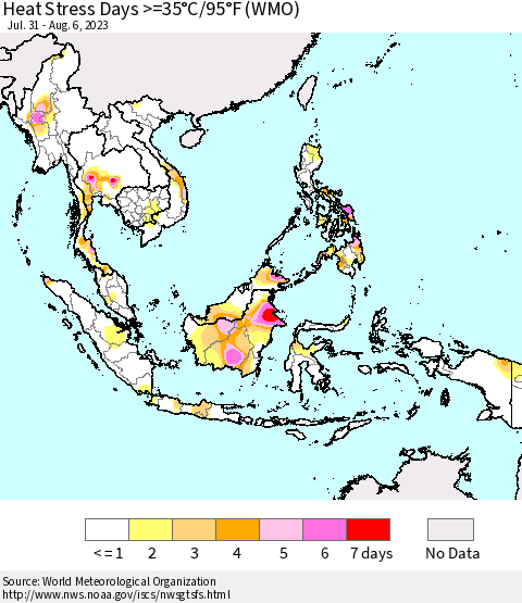 South East Asia Heat Stress Days >=35°C/95°F (WMO) Thematic Map For 7/31/2023 - 8/6/2023