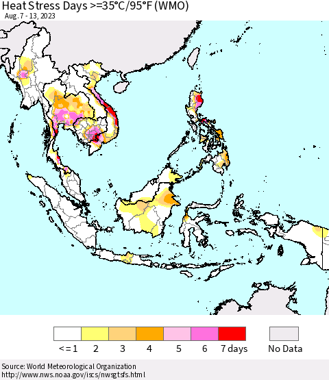 South East Asia Heat Stress Days >=35°C/95°F (WMO) Thematic Map For 8/7/2023 - 8/13/2023