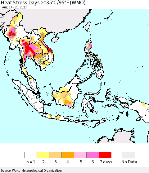 South East Asia Heat Stress Days >=35°C/95°F (WMO) Thematic Map For 8/14/2023 - 8/20/2023