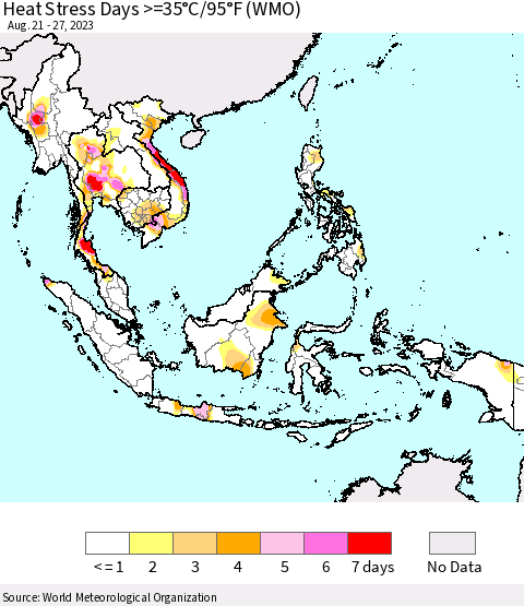 South East Asia Heat Stress Days >=35°C/95°F (WMO) Thematic Map For 8/21/2023 - 8/27/2023
