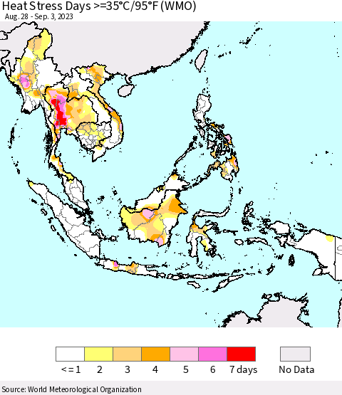 South East Asia Heat Stress Days >=35°C/95°F (WMO) Thematic Map For 8/28/2023 - 9/3/2023