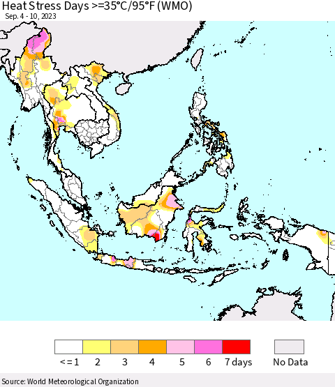 South East Asia Heat Stress Days >=35°C/95°F (WMO) Thematic Map For 9/4/2023 - 9/10/2023