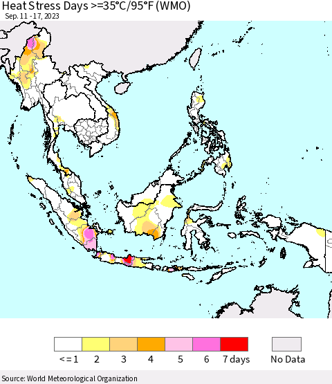South East Asia Heat Stress Days >=35°C/95°F (WMO) Thematic Map For 9/11/2023 - 9/17/2023