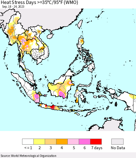 South East Asia Heat Stress Days >=35°C/95°F (WMO) Thematic Map For 9/18/2023 - 9/24/2023