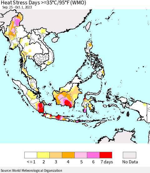 South East Asia Heat Stress Days >=35°C/95°F (WMO) Thematic Map For 9/25/2023 - 10/1/2023