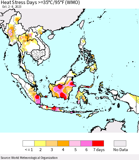 South East Asia Heat Stress Days >=35°C/95°F (WMO) Thematic Map For 10/2/2023 - 10/8/2023