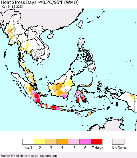South East Asia Heat Stress Days >=35°C/95°F (WMO) Thematic Map For 10/9/2023 - 10/15/2023