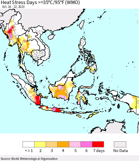 South East Asia Heat Stress Days >=35°C/95°F (WMO) Thematic Map For 10/16/2023 - 10/22/2023