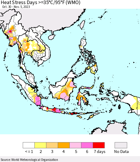 South East Asia Heat Stress Days >=35°C/95°F (WMO) Thematic Map For 10/30/2023 - 11/5/2023