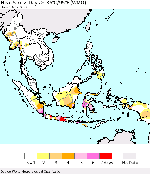 South East Asia Heat Stress Days >=35°C/95°F (WMO) Thematic Map For 11/13/2023 - 11/19/2023