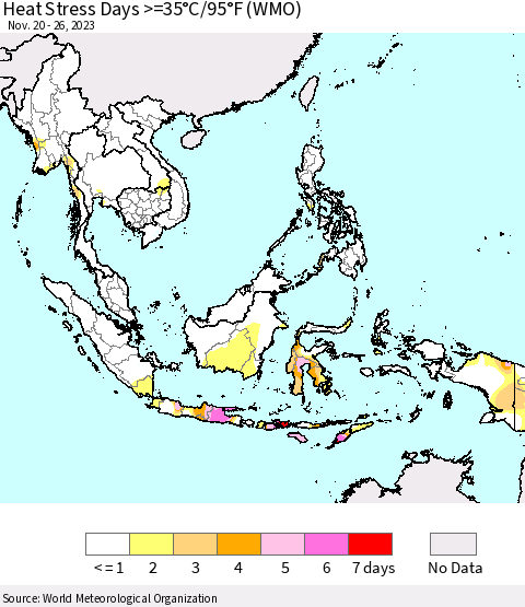 South East Asia Heat Stress Days >=35°C/95°F (WMO) Thematic Map For 11/20/2023 - 11/26/2023