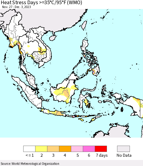 South East Asia Heat Stress Days >=35°C/95°F (WMO) Thematic Map For 11/27/2023 - 12/3/2023