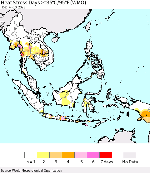 South East Asia Heat Stress Days >=35°C/95°F (WMO) Thematic Map For 12/4/2023 - 12/10/2023