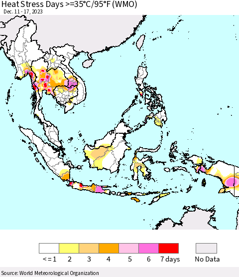 South East Asia Heat Stress Days >=35°C/95°F (WMO) Thematic Map For 12/11/2023 - 12/17/2023