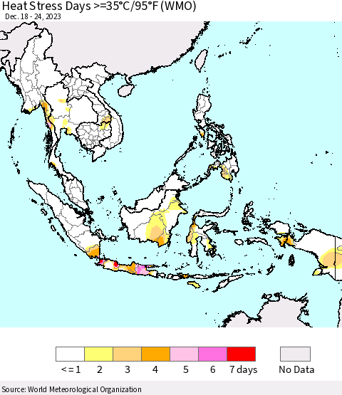 South East Asia Heat Stress Days >=35°C/95°F (WMO) Thematic Map For 12/18/2023 - 12/24/2023