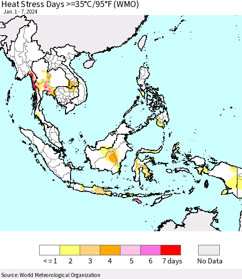 South East Asia Heat Stress Days >=35°C/95°F (WMO) Thematic Map For 1/1/2024 - 1/7/2024