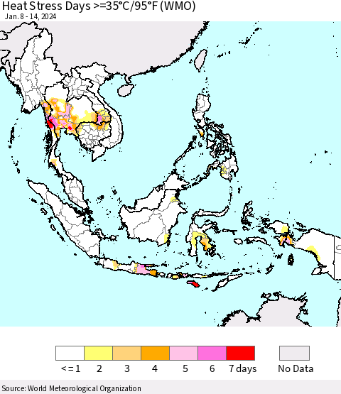 South East Asia Heat Stress Days >=35°C/95°F (WMO) Thematic Map For 1/8/2024 - 1/14/2024