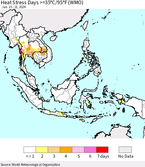 South East Asia Heat Stress Days >=35°C/95°F (WMO) Thematic Map For 1/15/2024 - 1/21/2024
