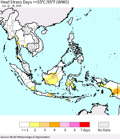 South East Asia Heat Stress Days >=35°C/95°F (WMO) Thematic Map For 1/22/2024 - 1/28/2024