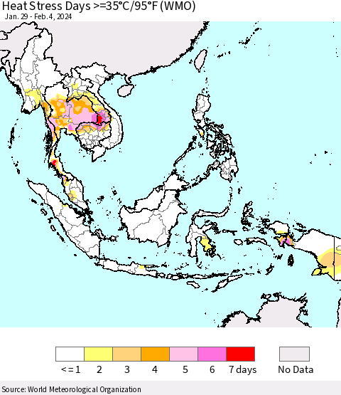 South East Asia Heat Stress Days >=35°C/95°F (WMO) Thematic Map For 1/29/2024 - 2/4/2024