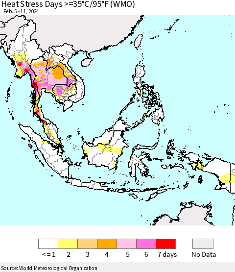 South East Asia Heat Stress Days >=35°C/95°F (WMO) Thematic Map For 2/5/2024 - 2/11/2024