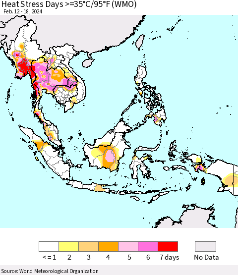South East Asia Heat Stress Days >=35°C/95°F (WMO) Thematic Map For 2/12/2024 - 2/18/2024