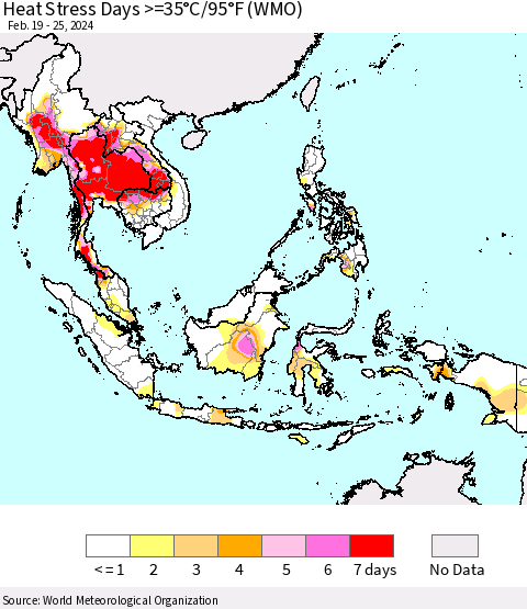 South East Asia Heat Stress Days >=35°C/95°F (WMO) Thematic Map For 2/19/2024 - 2/25/2024