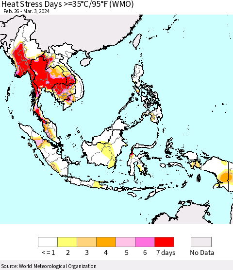South East Asia Heat Stress Days >=35°C/95°F (WMO) Thematic Map For 2/26/2024 - 3/3/2024