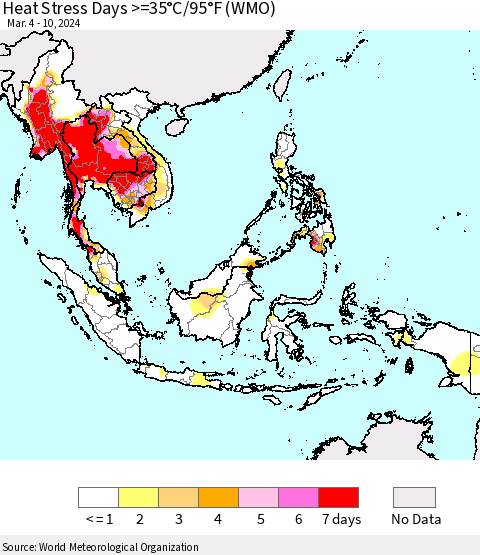 South East Asia Heat Stress Days >=35°C/95°F (WMO) Thematic Map For 3/4/2024 - 3/10/2024