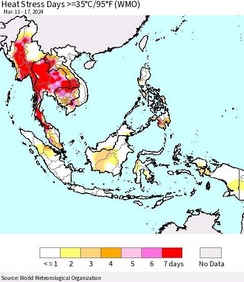 South East Asia Heat Stress Days >=35°C/95°F (WMO) Thematic Map For 3/11/2024 - 3/17/2024