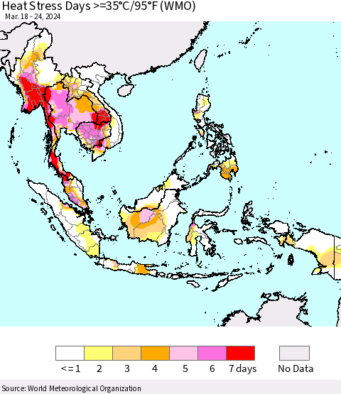 South East Asia Heat Stress Days >=35°C/95°F (WMO) Thematic Map For 3/18/2024 - 3/24/2024