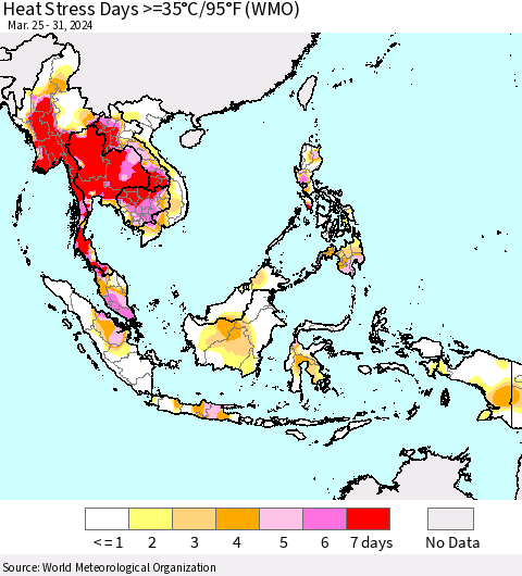 South East Asia Heat Stress Days >=35°C/95°F (WMO) Thematic Map For 3/25/2024 - 3/31/2024