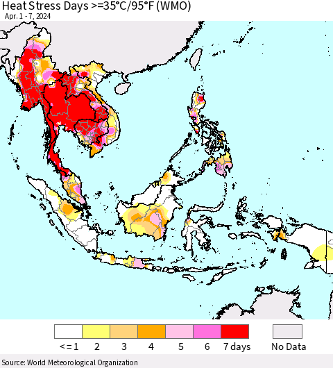 South East Asia Heat Stress Days >=35°C/95°F (WMO) Thematic Map For 4/1/2024 - 4/7/2024