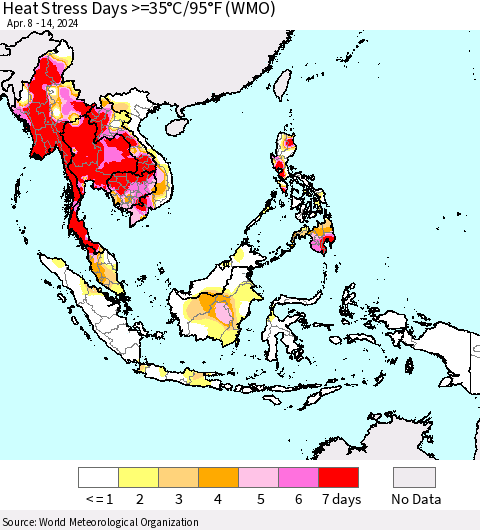 South East Asia Heat Stress Days >=35°C/95°F (WMO) Thematic Map For 4/8/2024 - 4/14/2024