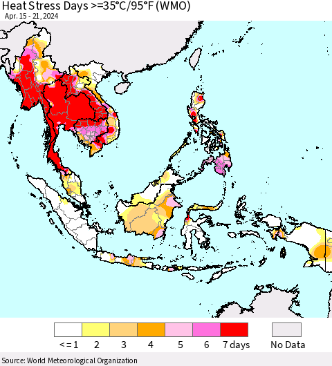 South East Asia Heat Stress Days >=35°C/95°F (WMO) Thematic Map For 4/15/2024 - 4/21/2024