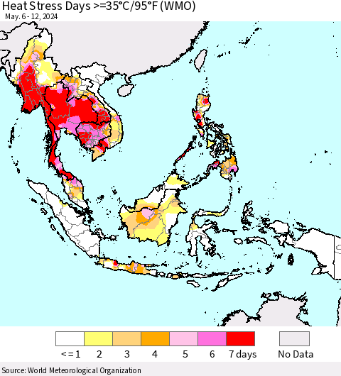 South East Asia Heat Stress Days >=35°C/95°F (WMO) Thematic Map For 5/6/2024 - 5/12/2024