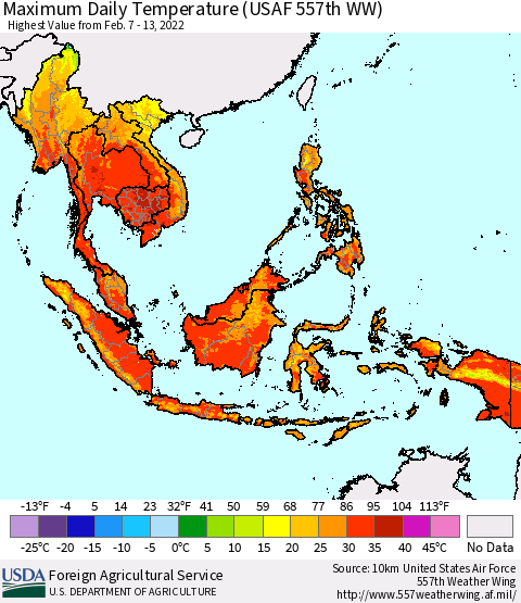 South East Asia Maximum Daily Temperature (USAF 557th WW) Thematic Map For 2/7/2022 - 2/13/2022