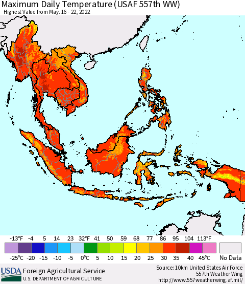 South East Asia Maximum Daily Temperature (USAF 557th WW) Thematic Map For 5/16/2022 - 5/22/2022