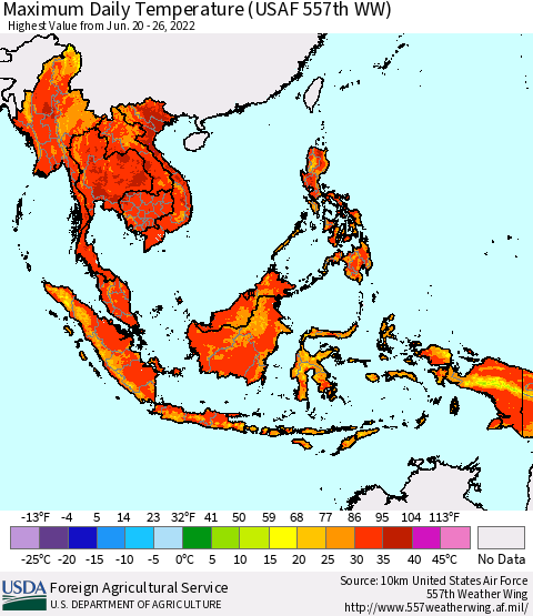 South East Asia Maximum Daily Temperature (USAF 557th WW) Thematic Map For 6/20/2022 - 6/26/2022