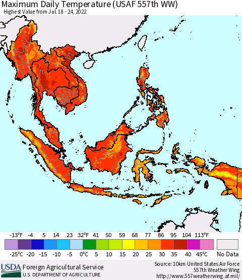 South East Asia Maximum Daily Temperature (USAF 557th WW) Thematic Map For 7/18/2022 - 7/24/2022