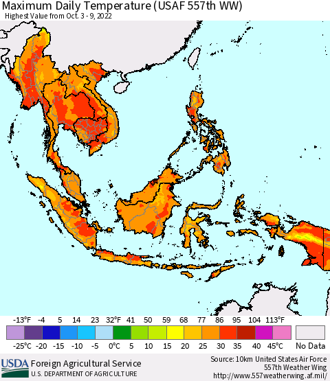 South East Asia Maximum Daily Temperature (USAF 557th WW) Thematic Map For 10/3/2022 - 10/9/2022