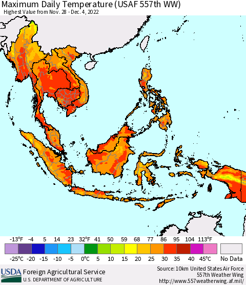 South East Asia Maximum Daily Temperature (USAF 557th WW) Thematic Map For 11/28/2022 - 12/4/2022