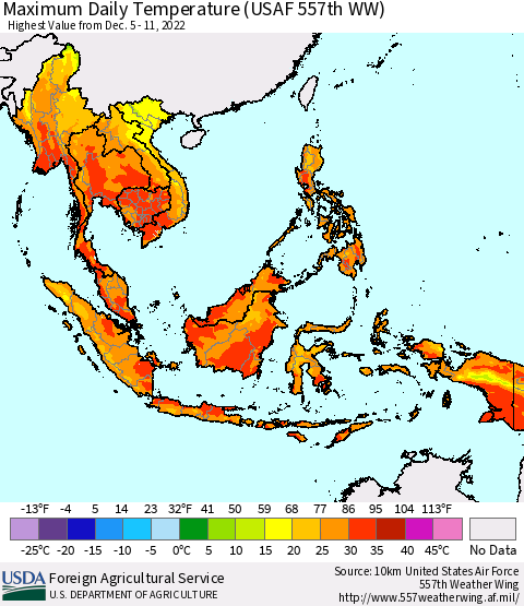 South East Asia Maximum Daily Temperature (USAF 557th WW) Thematic Map For 12/5/2022 - 12/11/2022