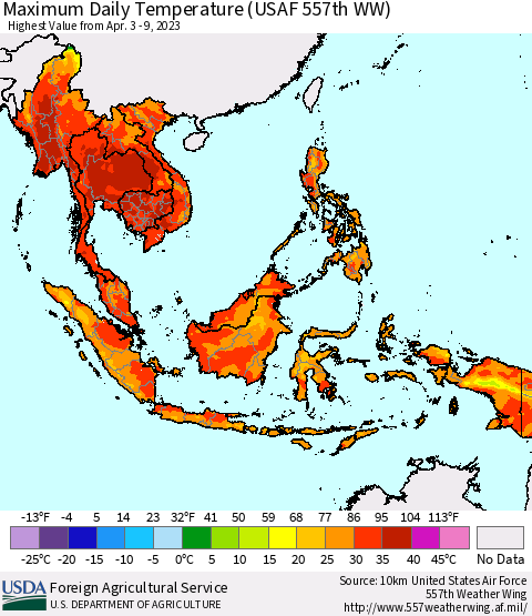 South East Asia Maximum Daily Temperature (USAF 557th WW) Thematic Map For 4/3/2023 - 4/9/2023