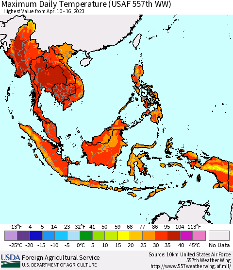 South East Asia Maximum Daily Temperature (USAF 557th WW) Thematic Map For 4/10/2023 - 4/16/2023