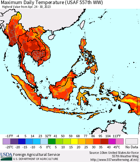 South East Asia Maximum Daily Temperature (USAF 557th WW) Thematic Map For 4/24/2023 - 4/30/2023
