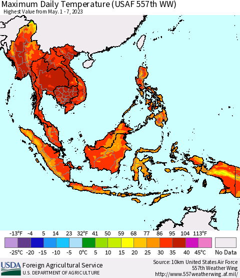 South East Asia Maximum Daily Temperature (USAF 557th WW) Thematic Map For 5/1/2023 - 5/7/2023